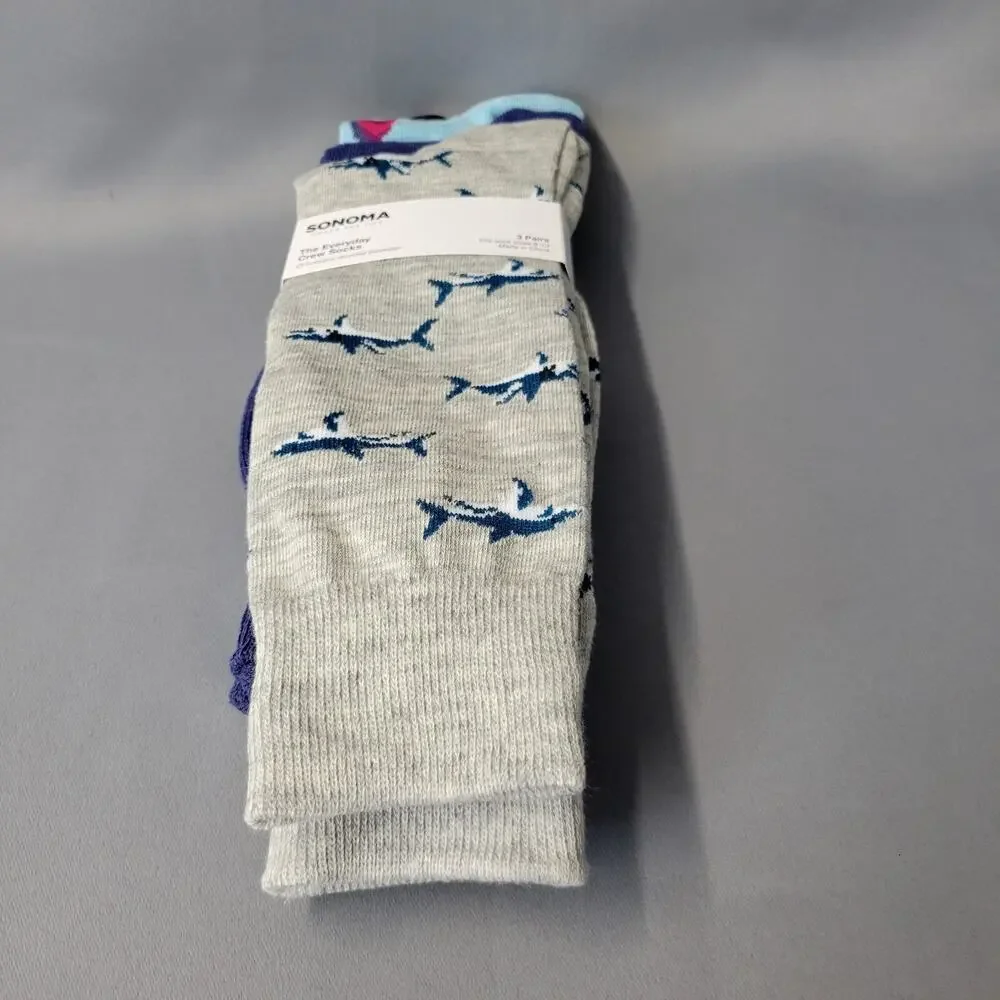 Sonoma The Everyday Crew Socks Mens‎ Size 8-13 Shark Surfboard Print 3 Pair New